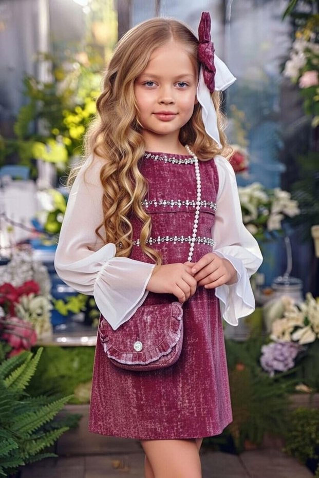 Girl's Horizontal Stone Stripe Embroidered Sleeves Burgundy Denim Dress with Tulle Fabric Detail