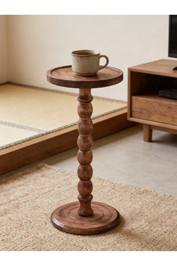 طاولة جانبية دائرية متعددة الاستخدامات، أرجل من الخشب الصلب، مصنوعة من مواد طبيعية، مثالية للترفيه بجانب حمام السباحة في الفناء الخلفي. - 1