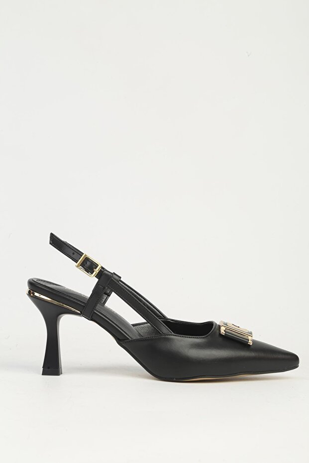 Women's Black Leather Heeled Shoes Pc-55775