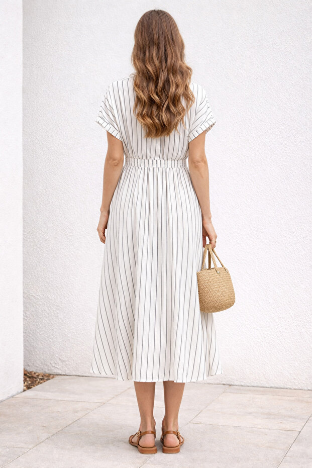 Çift Cep Belden Lastikli Elbise - 5