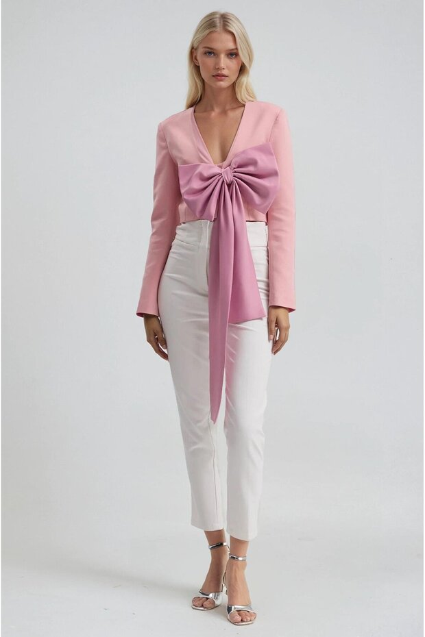 Deep v-neck crop blazer jacket with big bow detail 6188