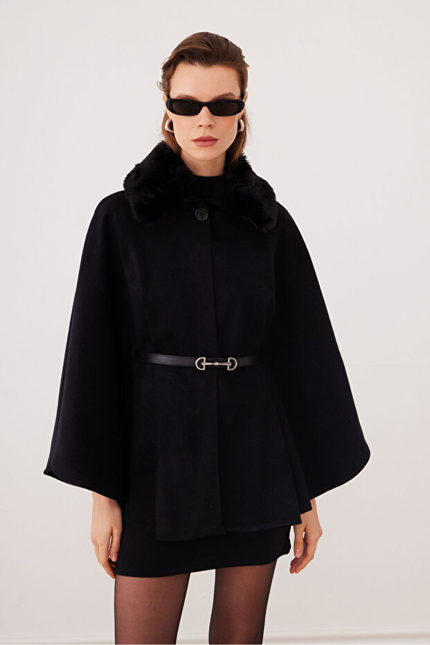 Women's Belted Cashmere Poncho with Black Fur Collar - Sevde Ugur