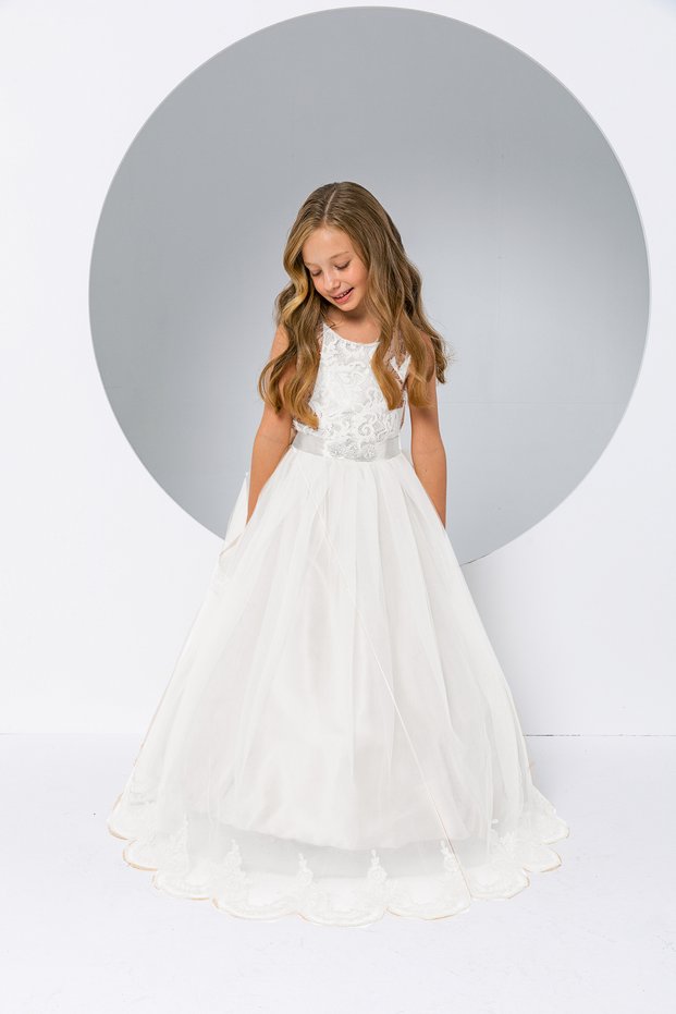 Girl's Ecru Lace Back Detailed Evening Dress-New Season