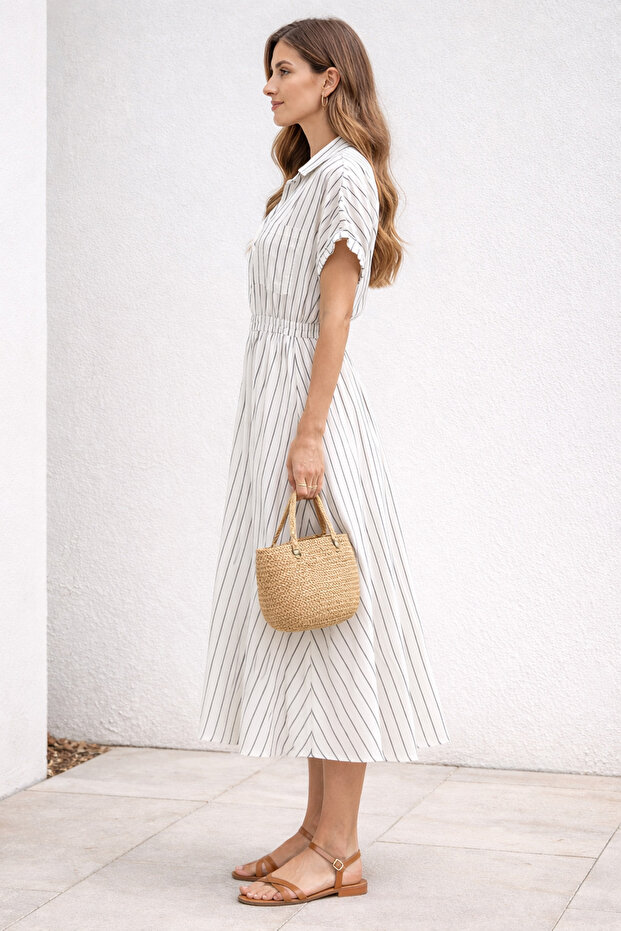 Çift Cep Belden Lastikli Elbise - 3