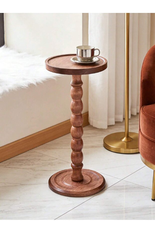 طاولة قهوة دائرية متعددة الاستخدامات، أرجل من الخشب الصلب، مصنوعة من مواد طبيعية، مثالية للترفيه بجانب حمام السباحة في الفناء الخلفي. - 8