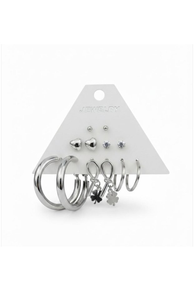 Silver Color 12Pcs(6 Pairs) Stainless Steel Earring Set 1