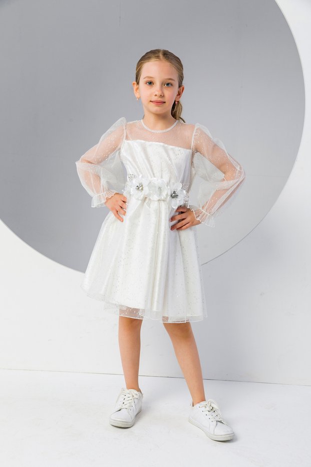 Girl's Floral Belted Tulle Short Dress-New Season