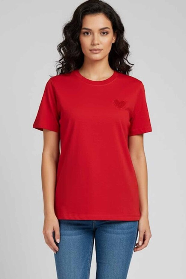 Women's Heart Embroidered 100% Cotton Crew Neck Basic T-Shirt