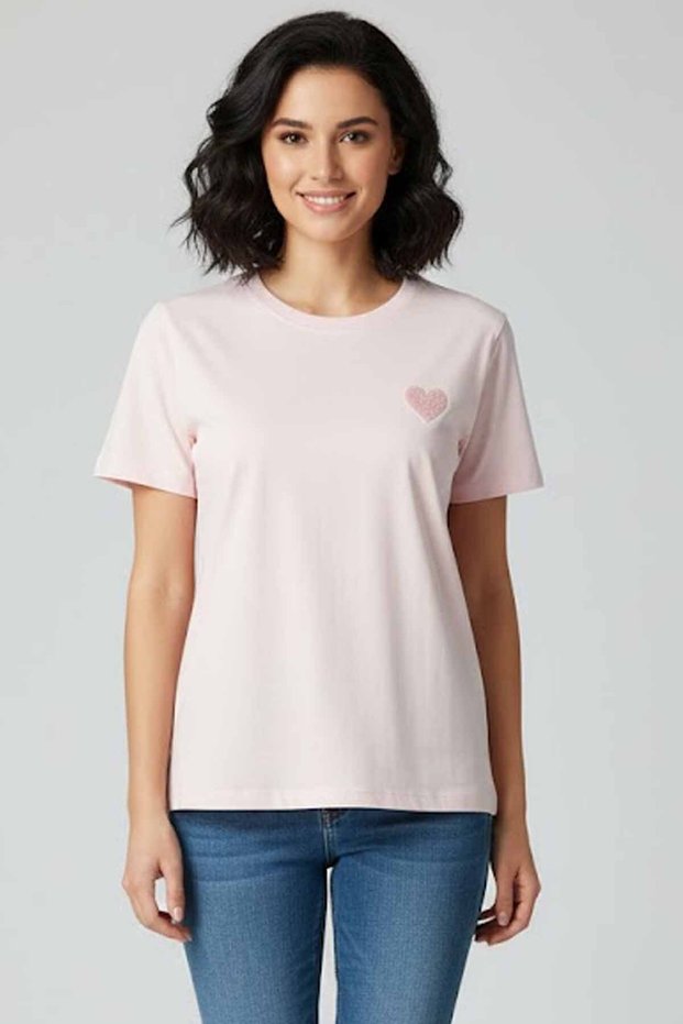 Women's Heart Embroidered 100% Cotton Crew Neck Basic T-Shirt