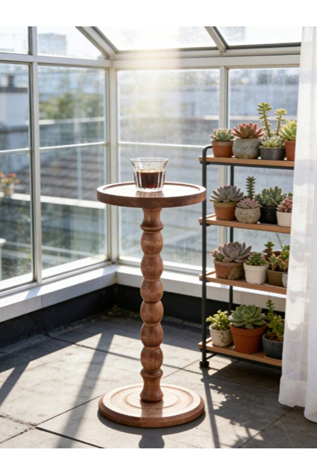 طاولة جانبية دائرية متعددة الاستخدامات للأريكة، أرجل من الخشب الصلب، مصنوعة من مواد طبيعية، مثالية للترفيه بجانب حمام السباحة في الفناء الخلفي. - 2