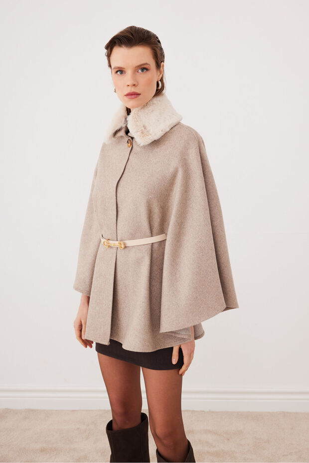Women's Belted Cashmere Poncho Cold Coffee Mocha with Fur Collar - Sevde Ugur