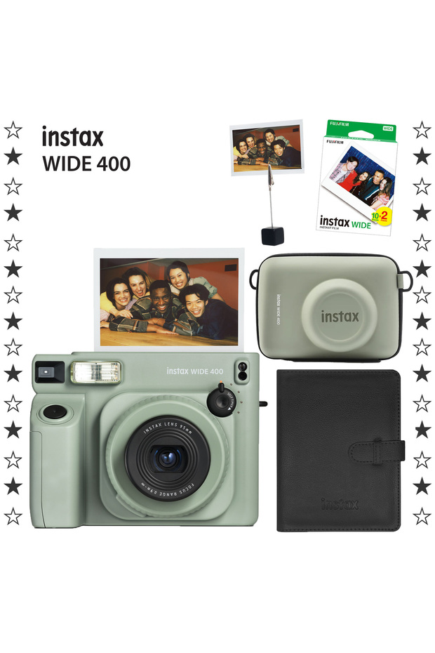 Fujifilm Instax Wide 400 Yeşil Fotoğraf Makinesi 20'li Film Eva Çanta Kıskaç ve Deri Albüm Hediye Seti