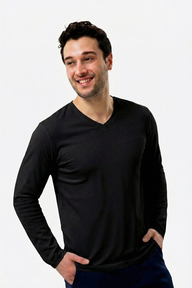 100% Organic Cotton Black V-Neck Men's Long Sleeve T-Shirt