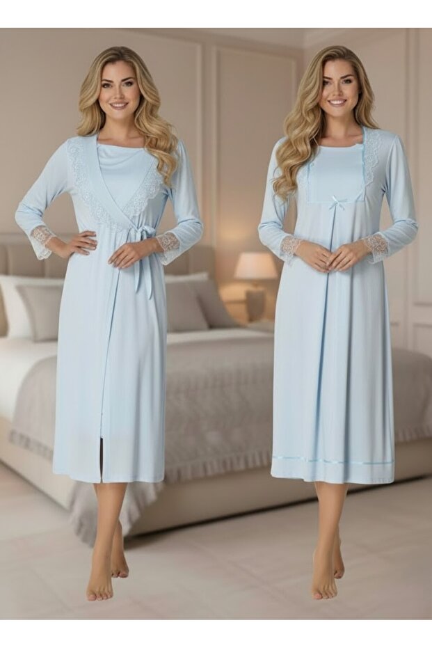 Women's Blue Elegant Lace Embroidered Long Sleeve Maternity Nightgown Set with Nursing Features
