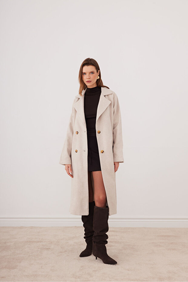 Women's Cashmere Double-Breasted Collared Buttoned Lined Coat – Casual & Stylish – Cream - Sevde Ugur