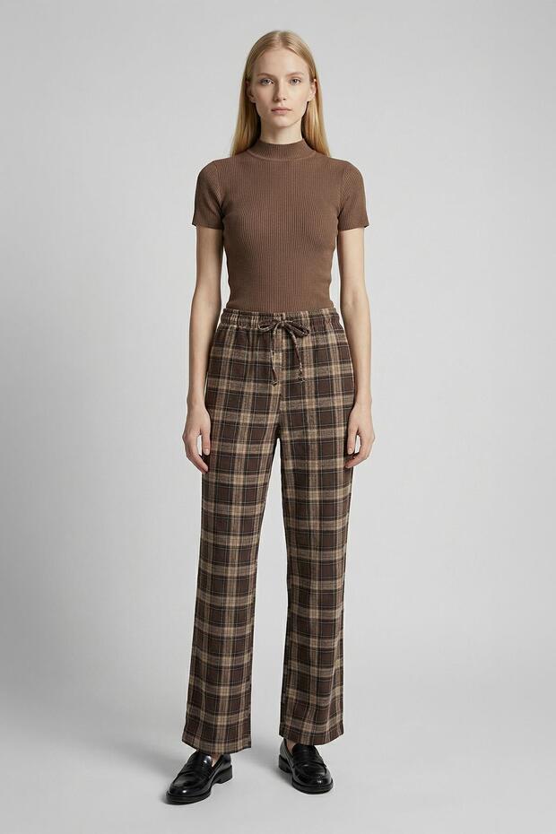 8055 Plaid Pattern Trousers Brown - 1