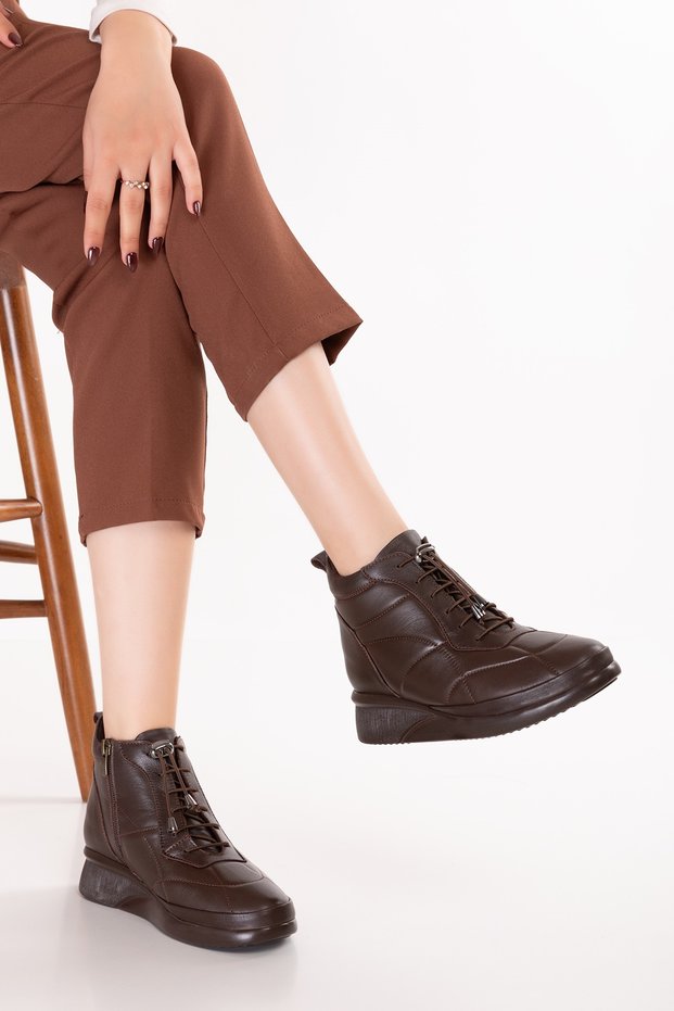Women's Genuine Leather Lightweight Casual Sports Boots Ndr.5515 Brown
