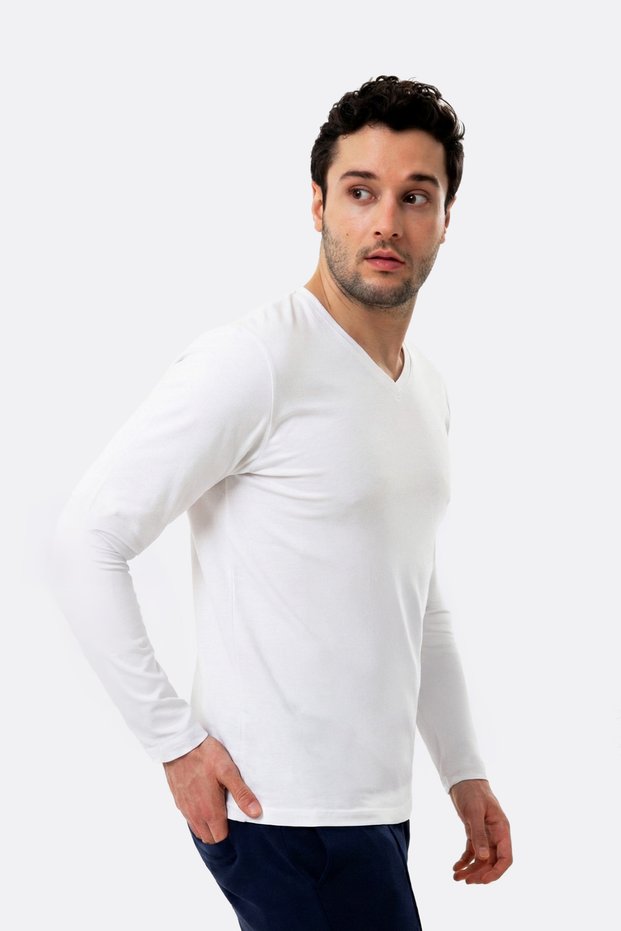 100% Organic Cotton White V-Neck Men's Long Sleeve T-Shirt
