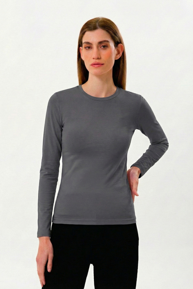 100% Organic Cotton Anthracite Crew Neck Long Sleeve Women's T-Shirt