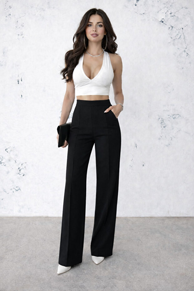 Women's Black Modal Fabric High Waist Palazzo Trousers