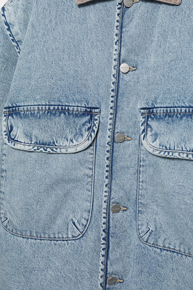 Kontrast yakalı denim ceket - 7