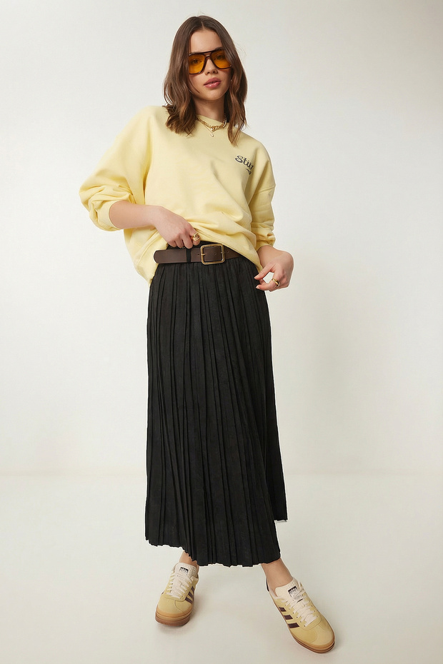 Belted Pleated Long Suede Skirt Ldp0092 Black