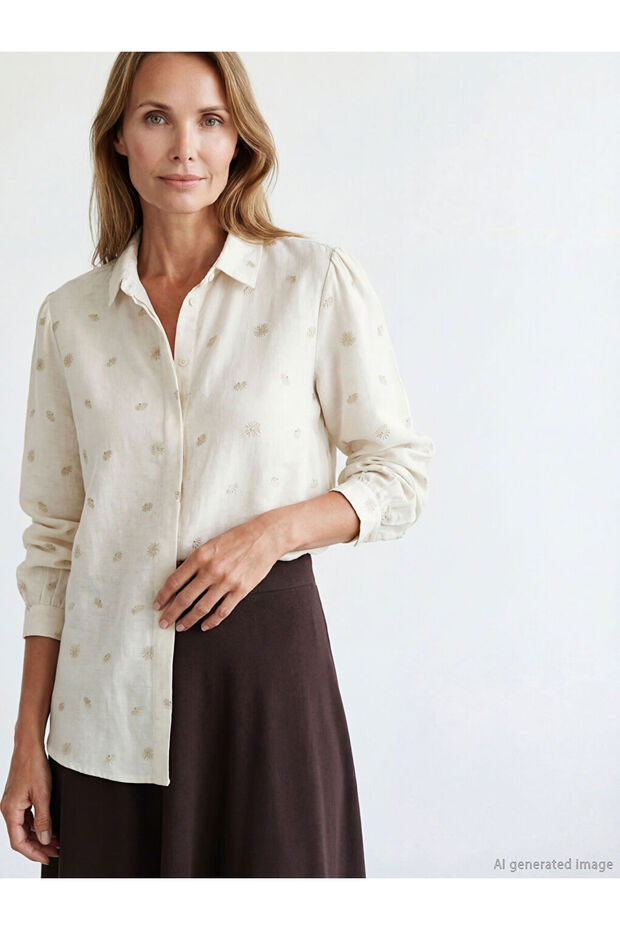 Beige Patterned Linen Blend Women's Shirt