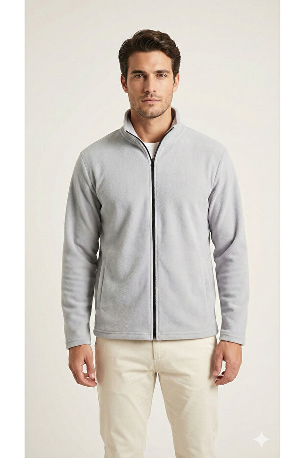 Men's Light Gray Stand Collar Full Zipper Winter Fleece Sweatshirt Cardigan with Fleto Pockets