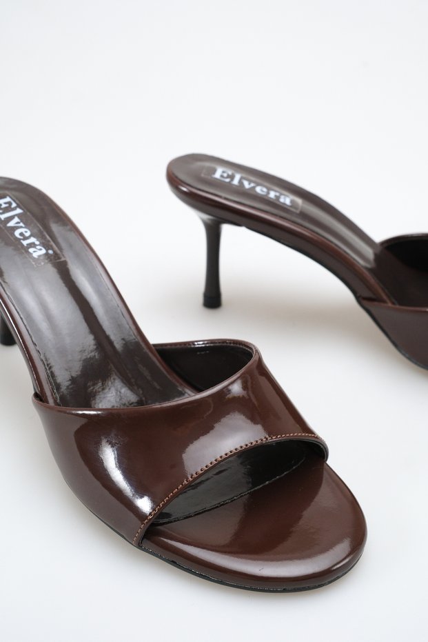 Women's Thin Heeled Slippers in Brown Patent Leather with Round Toe - Casual Office and Evening Elegance