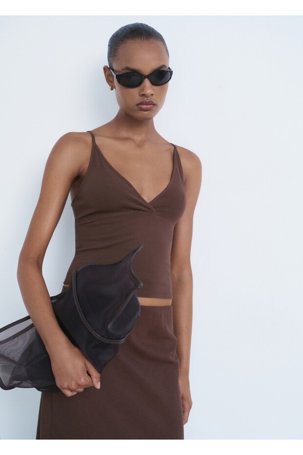 V yaka pamuklu bluz - 1