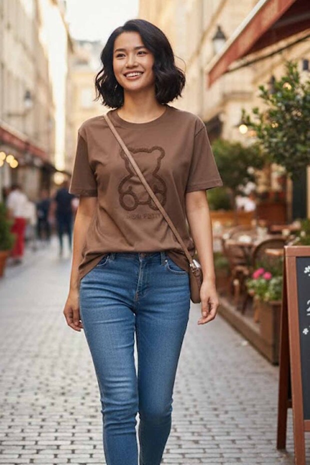 Women's Oversize 100% Cotton Crew Neck Teddy Bear Embroidered T-Shirt Vy-Bx306