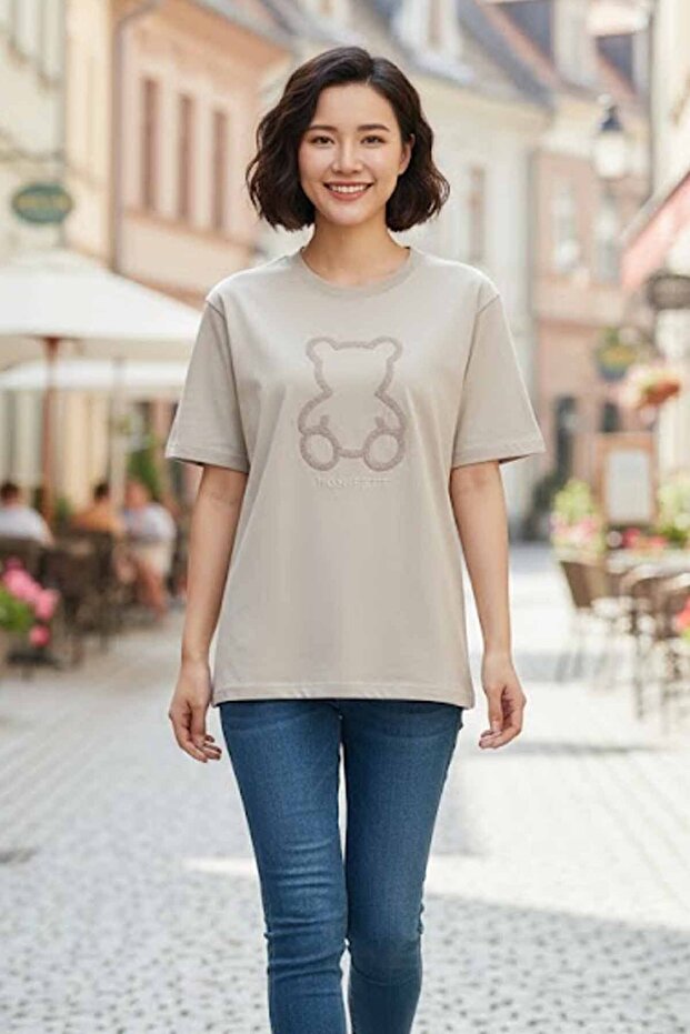 Women's Oversize 100% Cotton Crew Neck Teddy Bear Embroidered T-Shirt Vy-Bx306