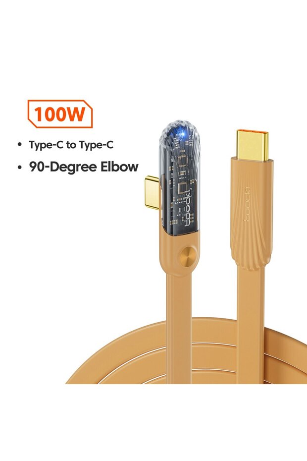 كابل USB نوع C إلى USB C بطول 2 متر، أصفر، 100 واط، بزاوية 90 درجة، للشحن السريع PD