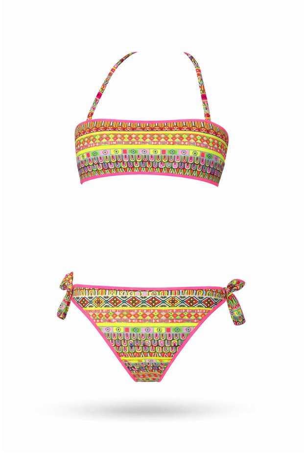 Girl's Salmon Neon Yellow Multi-Colored Lined 4-12 Years Strapless Bikini Set Hzl24S-Lc6355