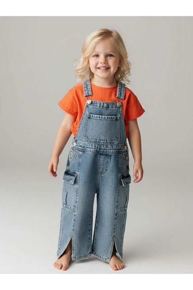 Girl's Slit Detailed Denim Salopet