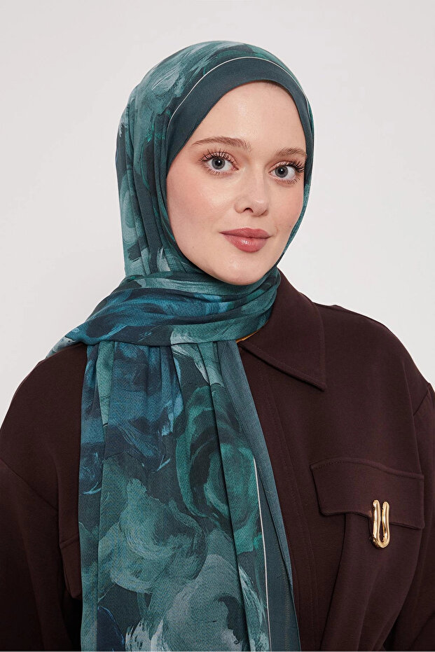 شال حرير منقوش - تركواز غامق - 2