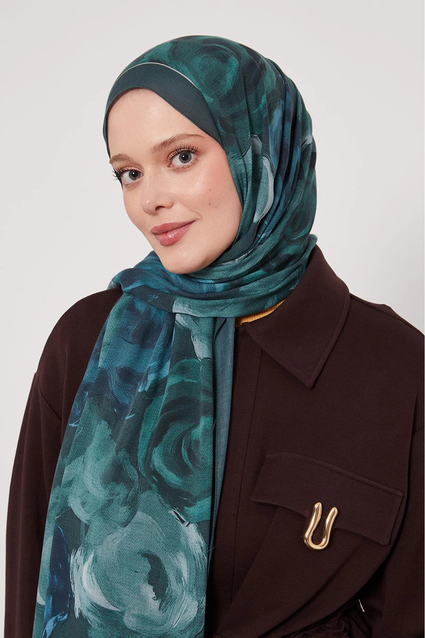 شال حرير منقوش - تركواز غامق - 1