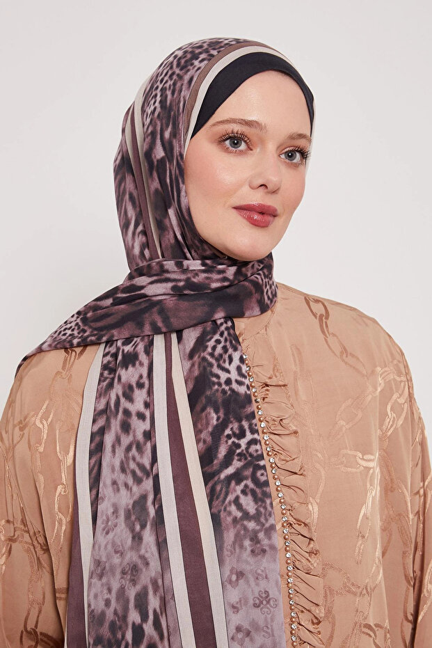 Patterned Silk Shawl - Deep Brown - 2