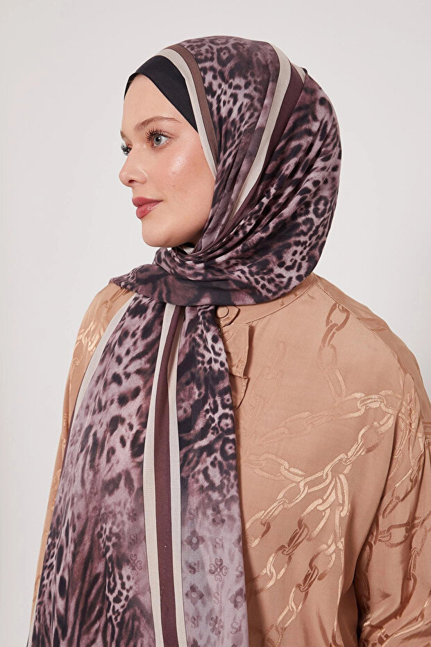Patterned Silk Shawl - Deep Brown - 1