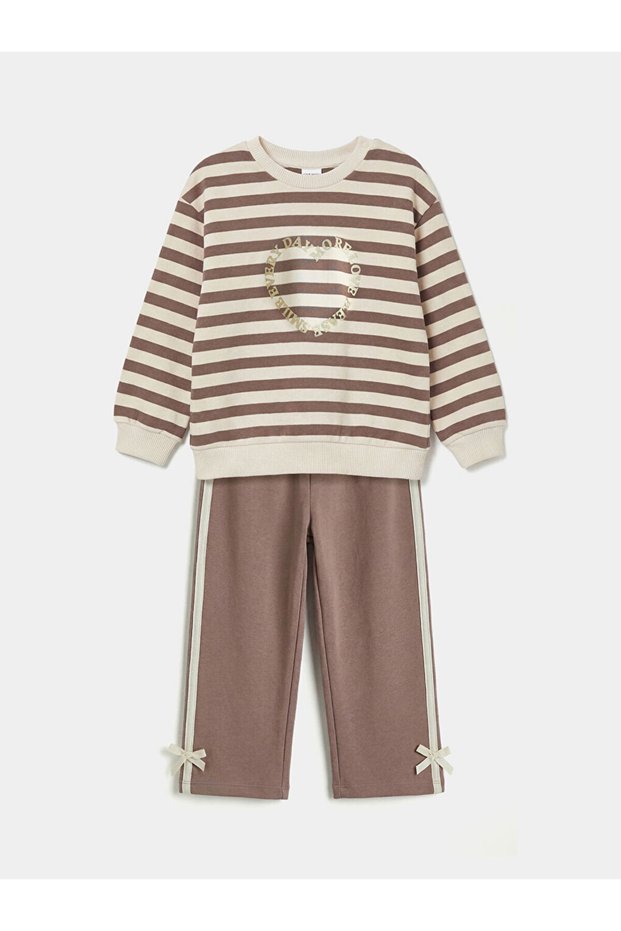 Ozmarka New Season Ecru Printed Baby Girl Sweatshirt and Sweatpants