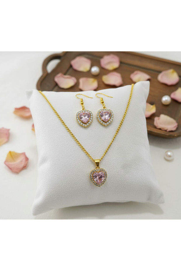 2-Piece Gold Color Zircon Stone Heart Figured Model Jewelry Set - 60 cm Necklace Earring Set