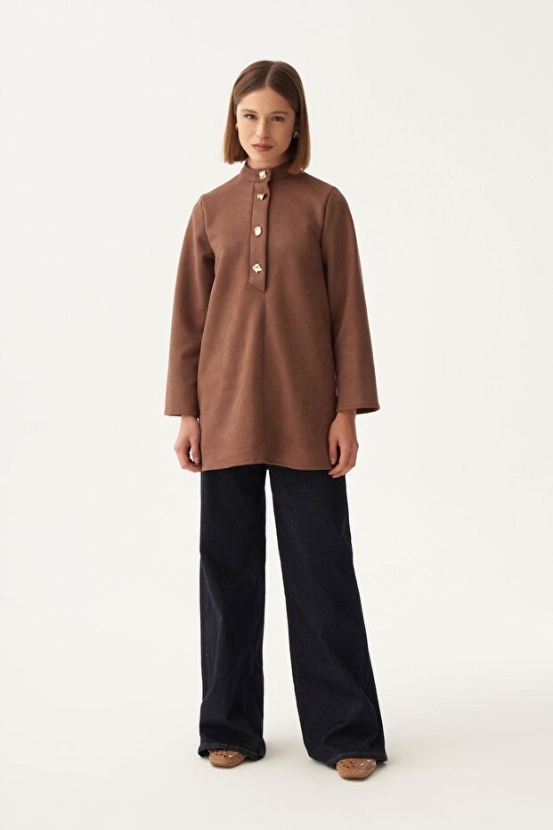 Coffee-Gold Buttoned Suede Tunic - 2
