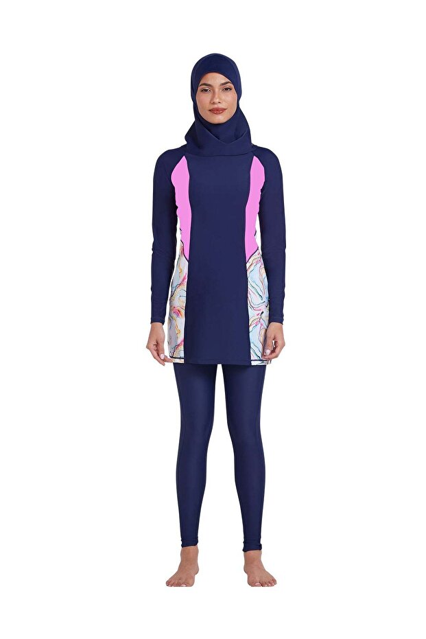 Ladies Ladies Modest 3pc Swim Set - Blue Pink Marble