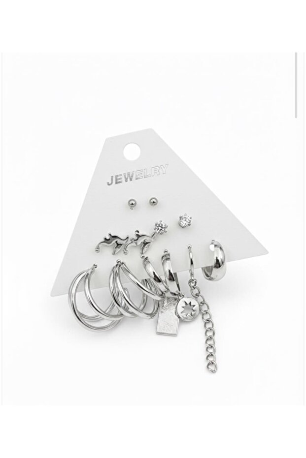 Silver Color 12Pcs(6 Pairs) Stainless Steel Earring Set 12