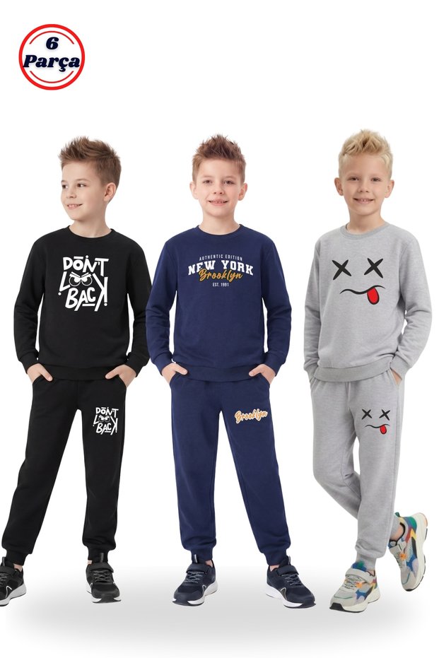 3-Piece Round Neck Print Detailed 6-Piece Boys' Tracksuit Set
