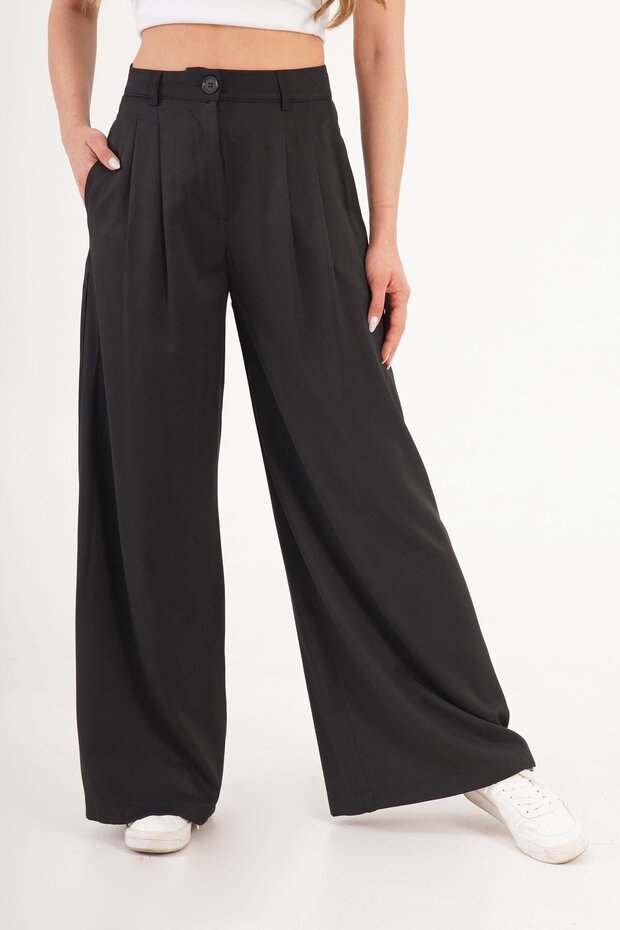 Double Pleated High Waist Black Palazzo Pants