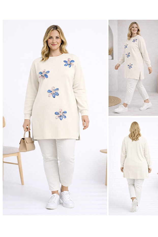 Women's Cream Slit Tunic with Floral Accessories