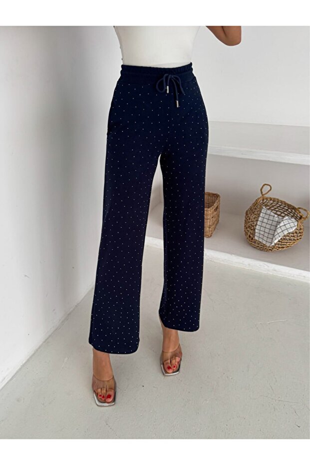Women's Stone Embellished Modal Wide Leg High Waist Pants