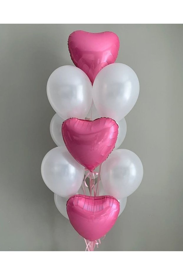 White Shiny Balloon Set with Fuchsia Heart Balloons for Baby Birthdays, Bride Parties, 13 Pieces
