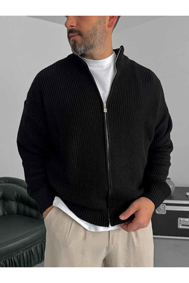 Siyah Fermuarlı Triko Örme Hırka JJ-181 - 2